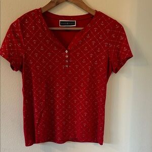 👚 Karen & Scott Red Anchor Print Short Sleeve Top - Size PM